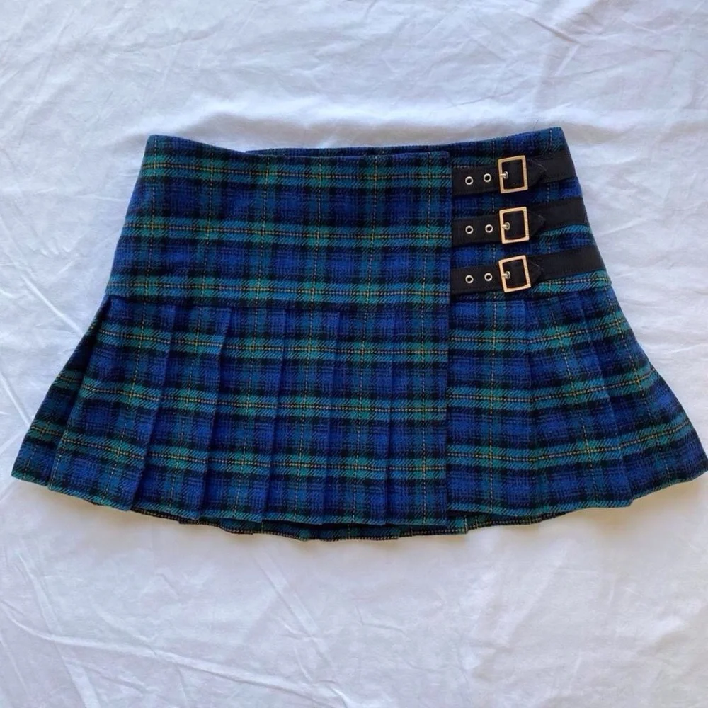 Juicy Couture Vintage Y2K Green Blue Plaid Pleated Mini Skirt Small - Picture 3 of 5